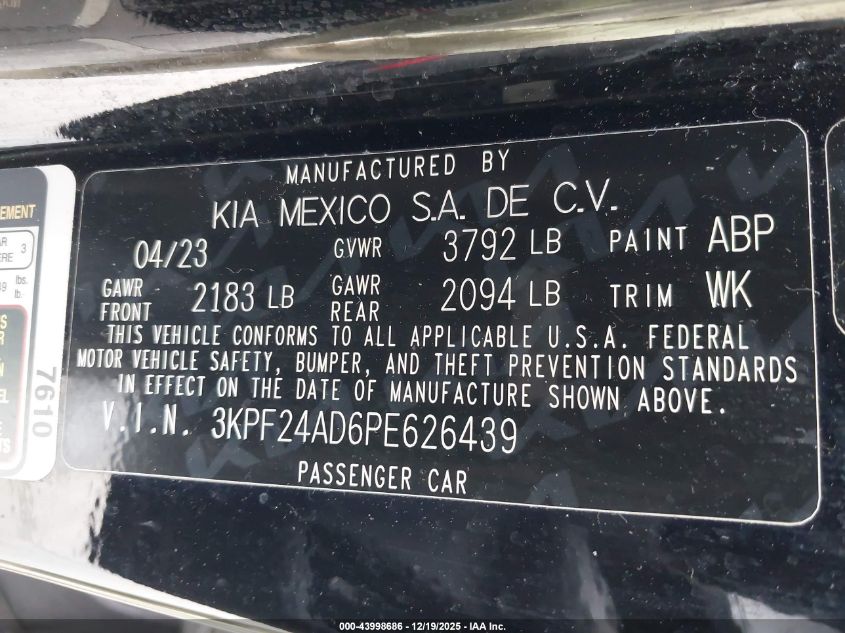 2023 Kia Forte Lxs VIN: 3KPF24AD6PE626439 Lot: 43998686