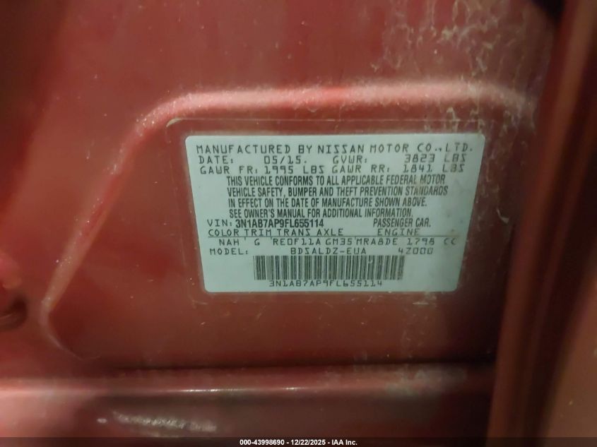 2015 Nissan Sentra Fe+ S/S/Sl/Sr/Sv VIN: 3N1AB7AP9FL655114 Lot: 43998690