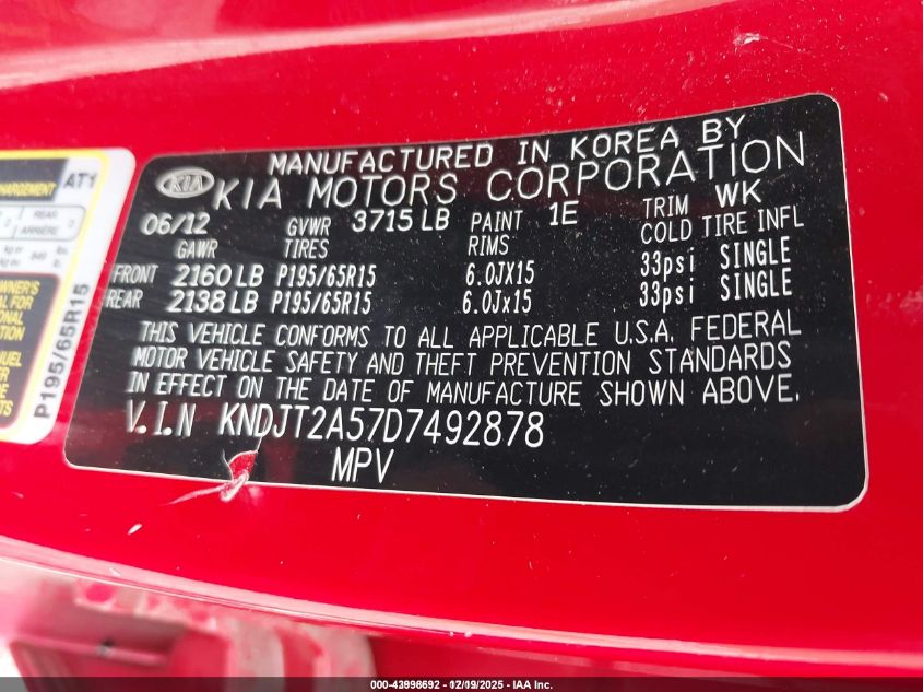 2013 Kia Soul VIN: KNDJT2A57D7492878 Lot: 43998692