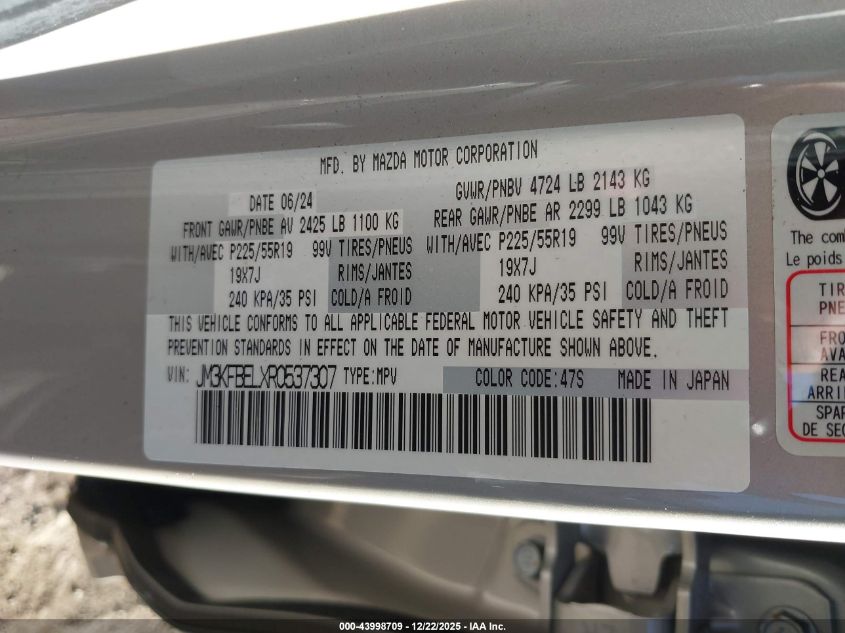 2024 Mazda Cx-5 2.5 S Premium Plus VIN: JM3KFBELXR0537307 Lot: 43998709