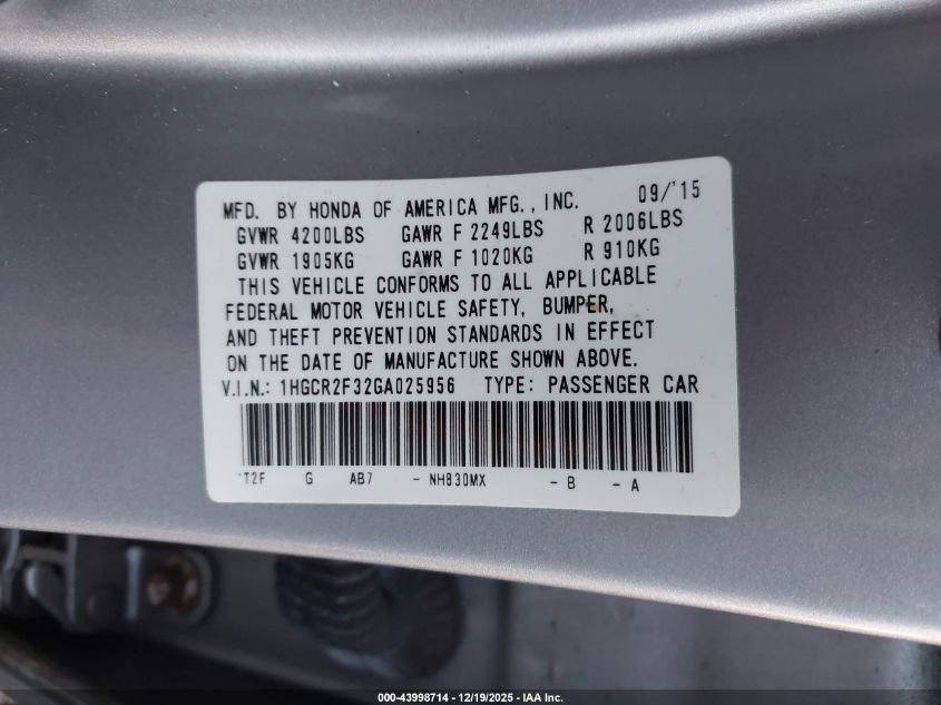 2016 Honda Accord Lx VIN: 1HGCR2F32GA025956 Lot: 43998714