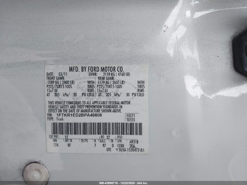 2011 Ford Ranger Xl VIN: 1FTKR1ED2BPA49808 Lot: 43998718