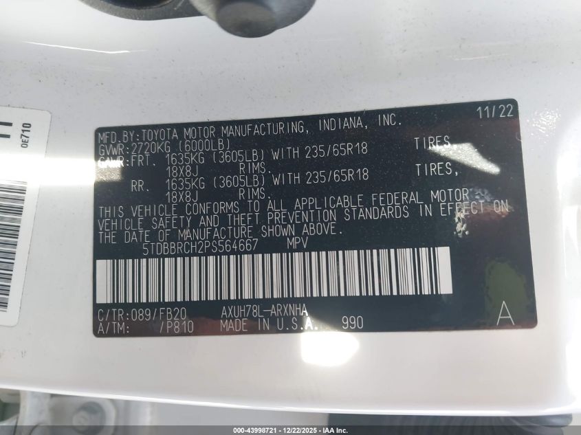 2023 Toyota Highlander Hybrid Le VIN: 5TDBBRCH2PS564667 Lot: 43998721