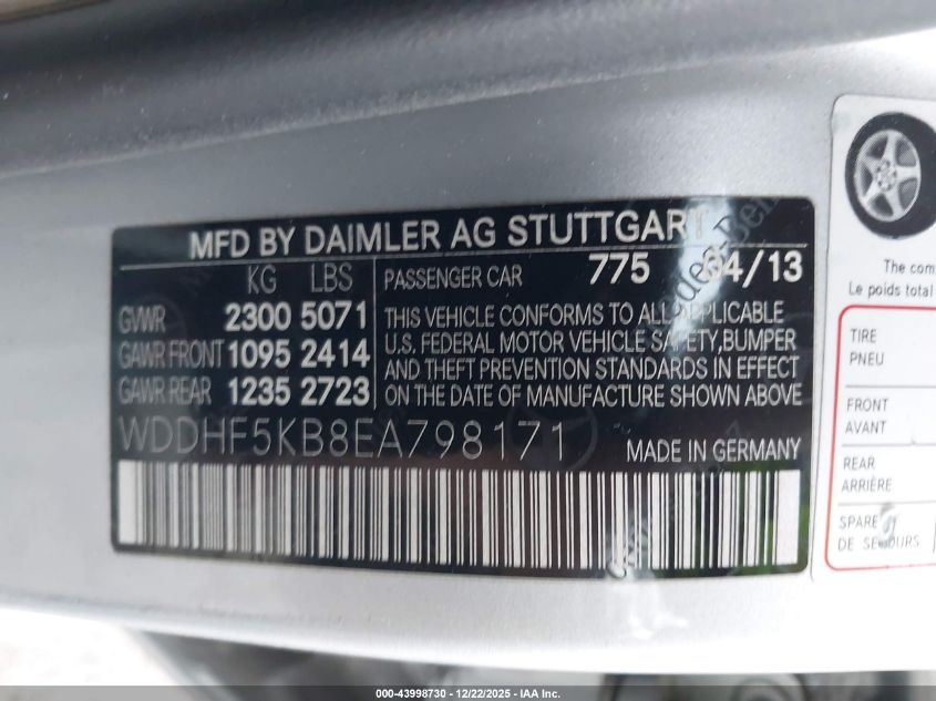 2014 Mercedes-Benz E 350 VIN: WDDHF5KB8EA798171 Lot: 43998730