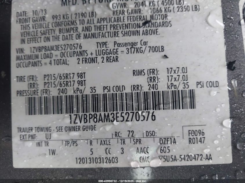 2014 Ford Mustang V6 VIN: 1ZVBP8AM3E5270576 Lot: 43998732