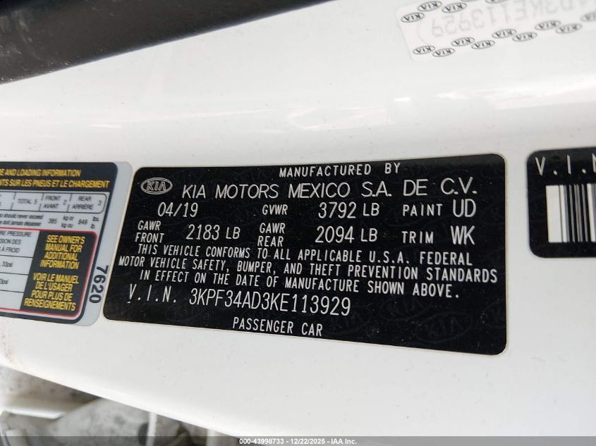 2019 Kia Forte S VIN: 3KPF34AD3KE113929 Lot: 43998733