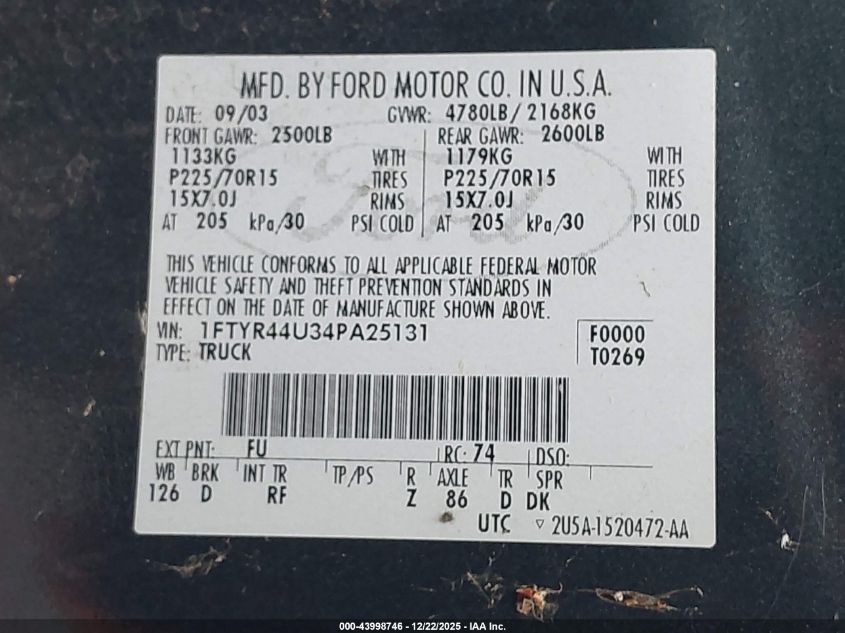 2004 Ford Ranger Edge/Tremor/Xlt VIN: 1FTYR44U34PA25131 Lot: 43998746