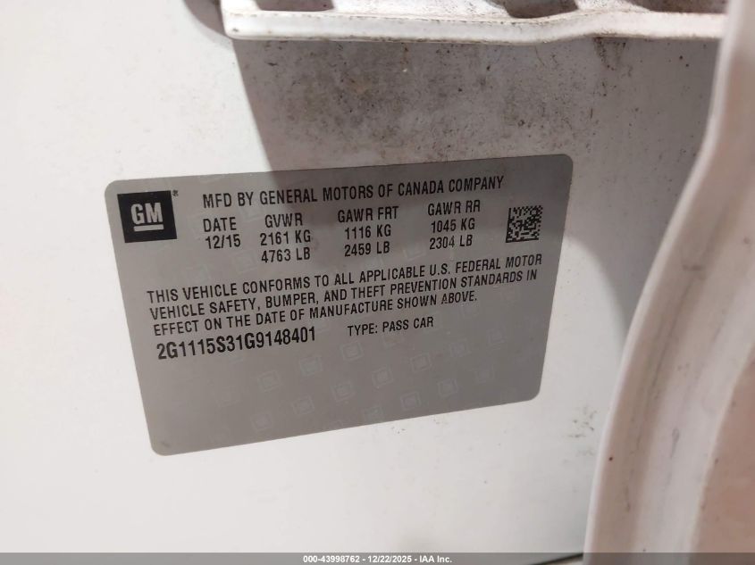 2016 Chevrolet Impala 2Lt VIN: 2G1115S31G9148401 Lot: 43998762