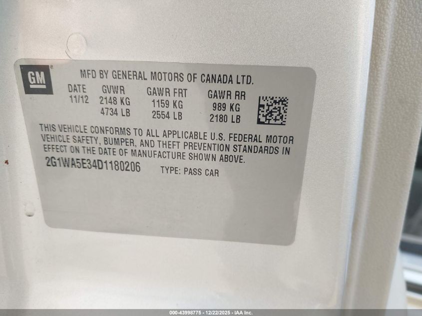 2013 Chevrolet Impala Ls VIN: 2G1WA5E34D1180206 Lot: 43998775