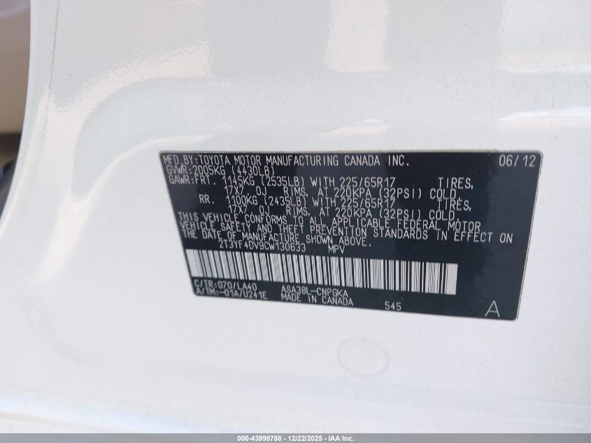 2012 Toyota Rav4 Limited VIN: 2T3YF4DV9CW130633 Lot: 43998788