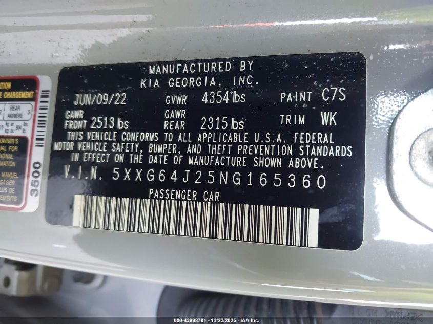 2022 Kia K5 Gt-Line VIN: 5XXG64J25NG165360 Lot: 43998791