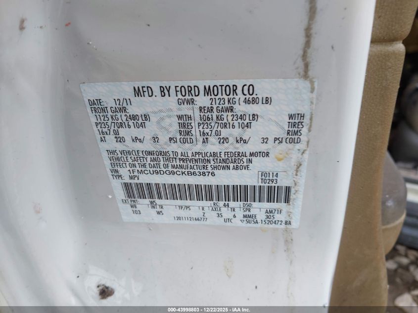 2012 Ford Escape Xlt VIN: 1FMCU9DG9CKB63876 Lot: 43998803