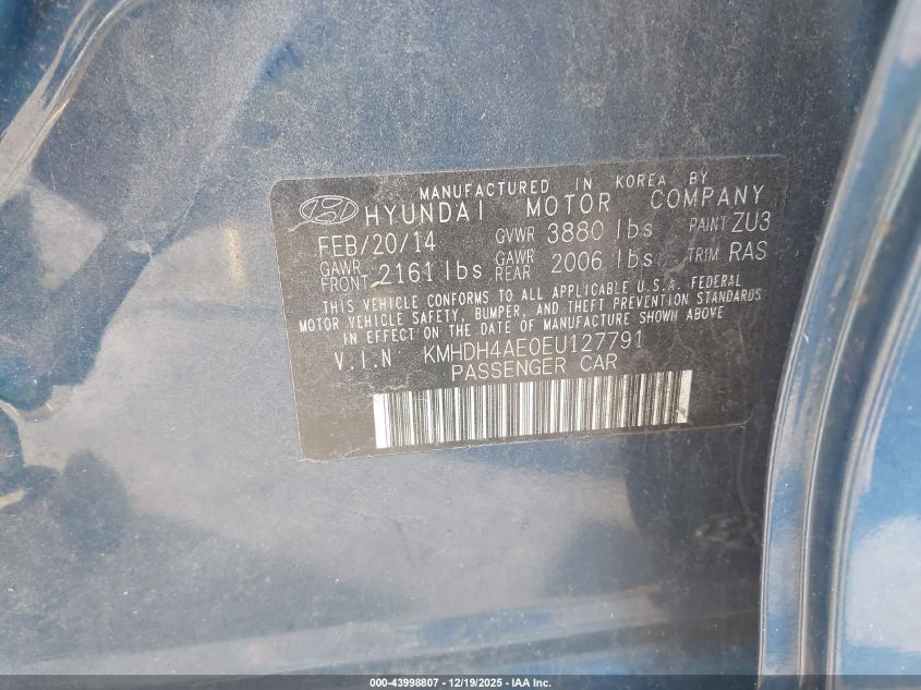 2014 Hyundai Elantra Se VIN: KMHDH4AE0EU127791 Lot: 43998807