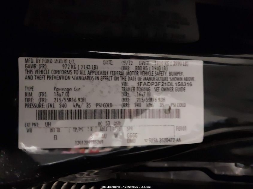 2013 Ford Focus Se VIN: 1FADP3F21DL158316 Lot: 43998810