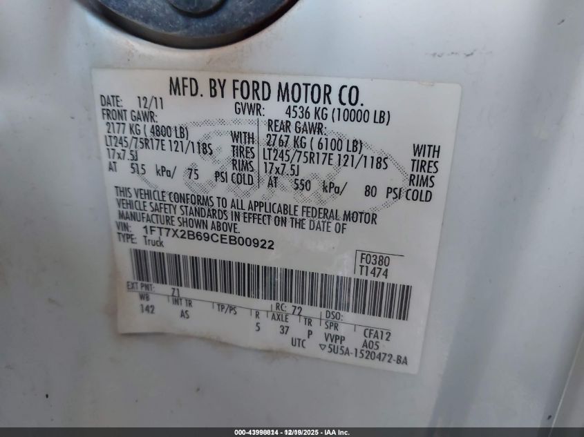 2012 Ford F-250 Xl VIN: 1FT7X2B69CEB00922 Lot: 43998814