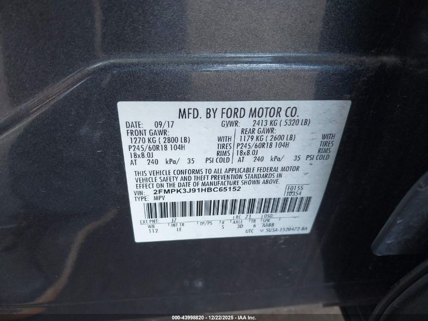 2017 Ford Edge Sel VIN: 2FMPK3J91HBC65152 Lot: 43998820