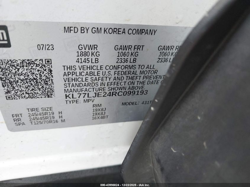 2024 Chevrolet Trax Fwd 2Rs VIN: KL77LJE24RC099193 Lot: 43998824