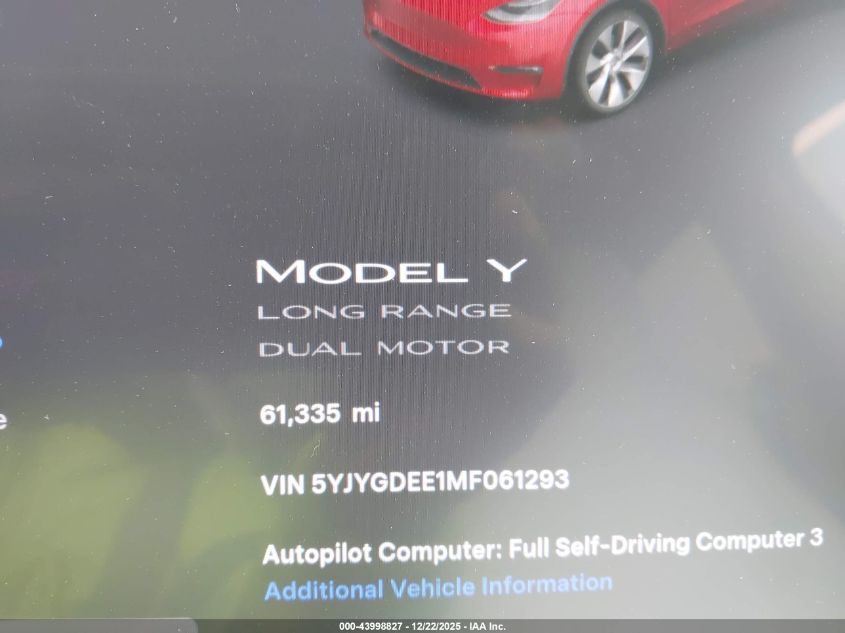 2021 Tesla Model Y Long Range Dual Motor All-Wheel Drive VIN: 5YJYGDEE1MF061293 Lot: 43998827
