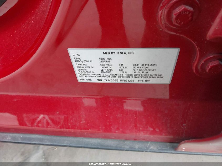 2021 Tesla Model Y Long Range Dual Motor All-Wheel Drive VIN: 5YJYGDEE1MF061293 Lot: 43998827