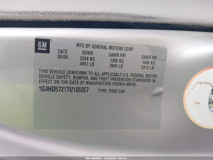 2007 Buick Lucerne Cxl VIN: 1G4HD57217U105057 Lot: 43998839
