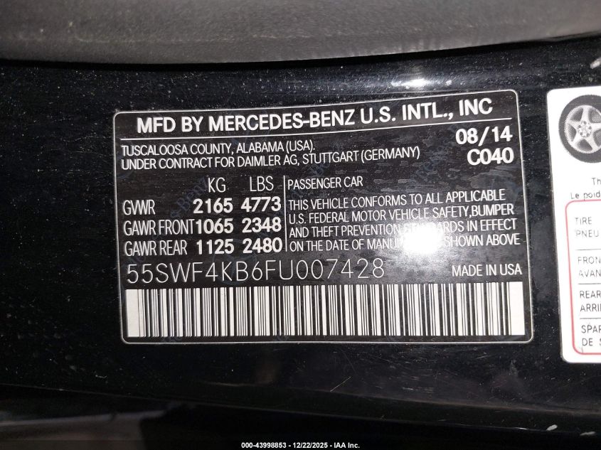 2015 Mercedes-Benz C 300 4Matic VIN: 55SWF4KB6FU007428 Lot: 43998853