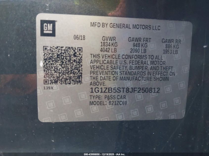 2018 Chevrolet Malibu 1Ls VIN: 1G1ZB5ST8JF250812 Lot: 43998858