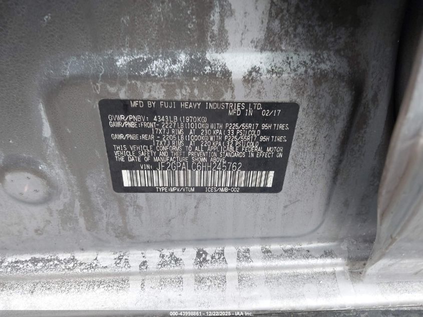 2017 Subaru Crosstrek 2.0I Limited VIN: JF2GPALC6HH245762 Lot: 43998861