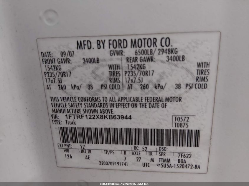 2008 Ford F-150 Stx/Xl/Xlt VIN: 1FTRF122X8KB63944 Lot: 43998864