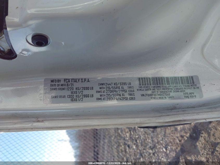 2021 Ram Promaster City Tradesman Slt VIN: ZFBHRFBB7M6V27548 Lot: 43998876