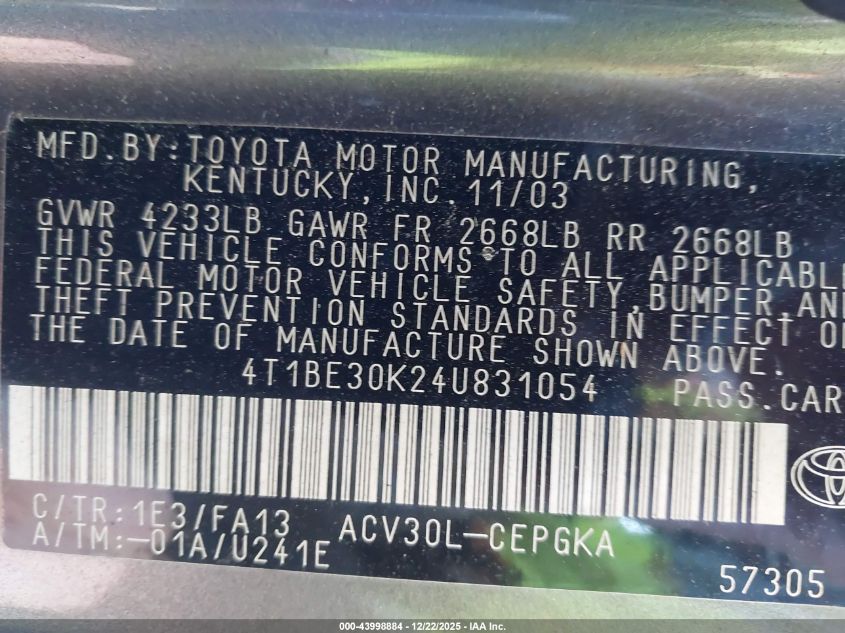 2004 Toyota Camry Xle VIN: 4T1BE30K24U831054 Lot: 43998884