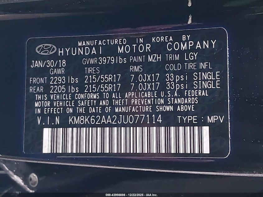 2018 Hyundai Kona Sel VIN: KM8K62AA2JU077114 Lot: 43998886