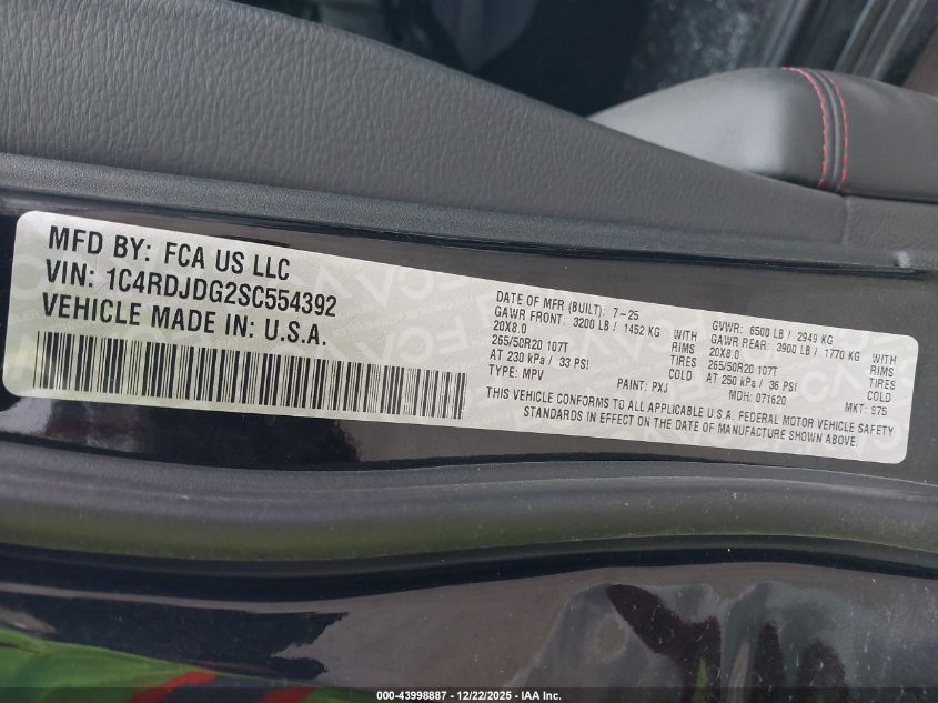 2025 Dodge Durango Gt Awd VIN: 1C4RDJDG2SC554392 Lot: 43998887