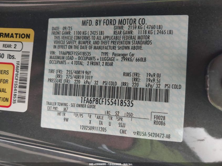 2025 Ford Mustang Gt Premium Fastback VIN: 1FA6P8CF1S5418535 Lot: 43998899