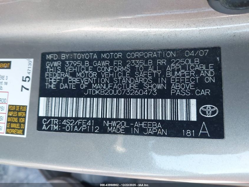 2007 Toyota Prius VIN: JTDKB20U073260473 Lot: 43998902