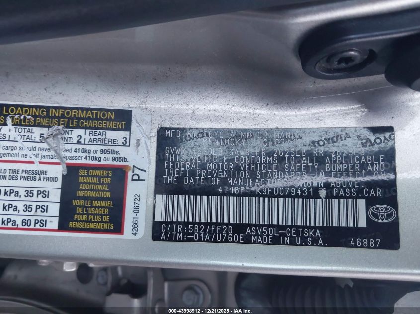 2015 Toyota Camry Se VIN: 4T1BF1FK9FU079431 Lot: 43998912