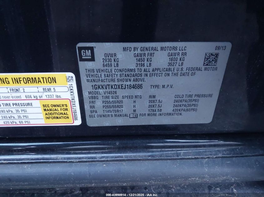 2014 GMC Acadia Denali VIN: 1GKKVTKDXEJ184686 Lot: 43998914