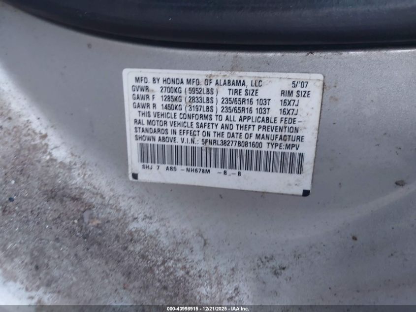 2007 Honda Odyssey Lx VIN: 5FNRL38277B081600 Lot: 43998915