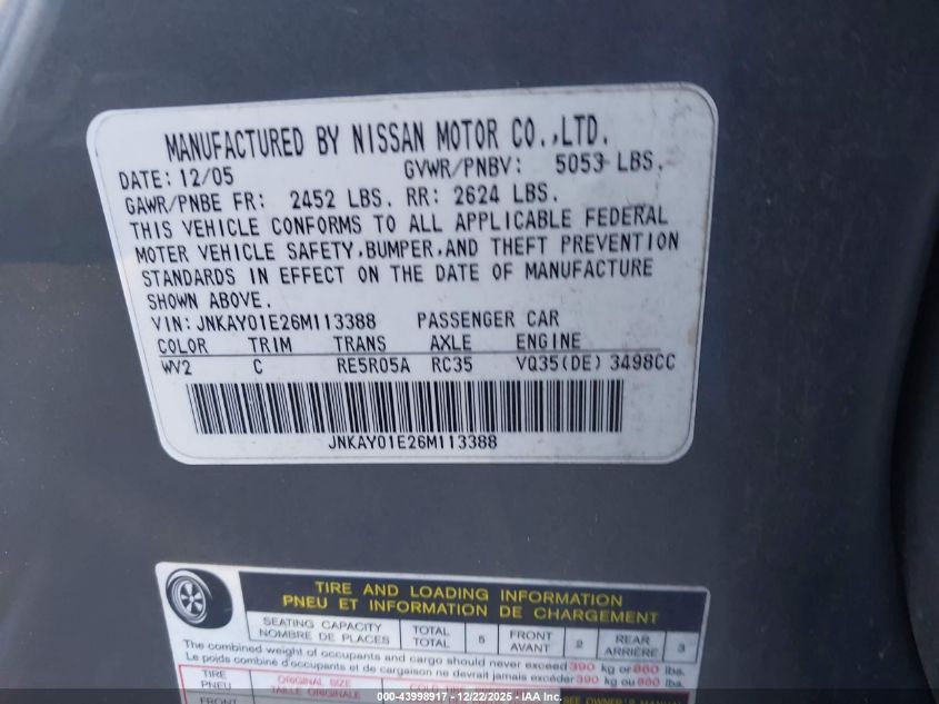 2006 Infiniti M35 VIN: JNKAY01E26M113388 Lot: 43998917