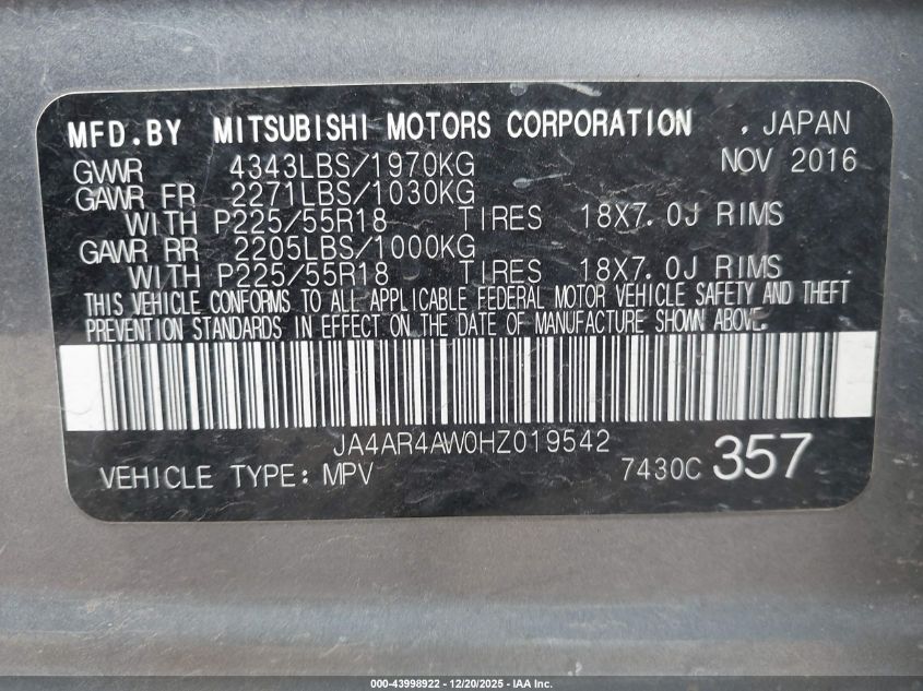 2017 Mitsubishi Outlander Sport 2.4 Gt VIN: JA4AR4AW0HZ019542 Lot: 43998922