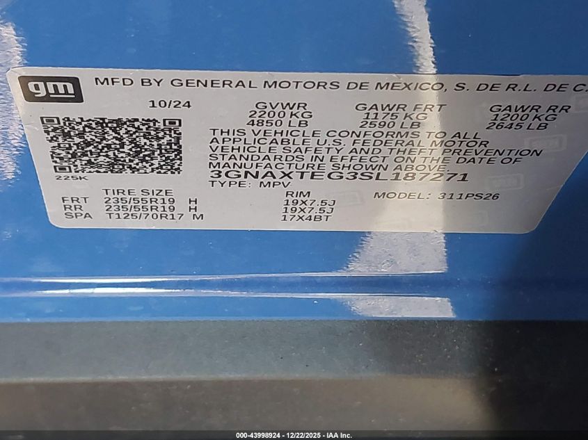 2025 Chevrolet Equinox Awd Rs VIN: 3GNAXTEG3SL187271 Lot: 43998924