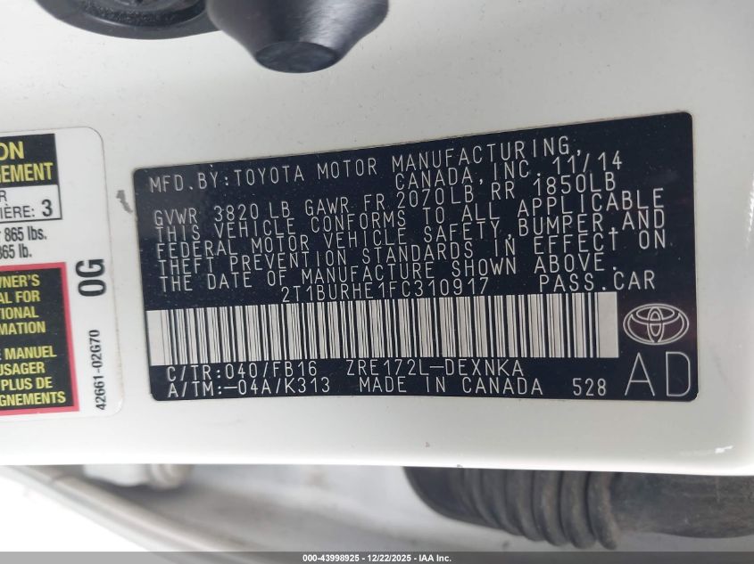 2015 Toyota Corolla Le VIN: 2T1BURHE1FC310917 Lot: 43998925