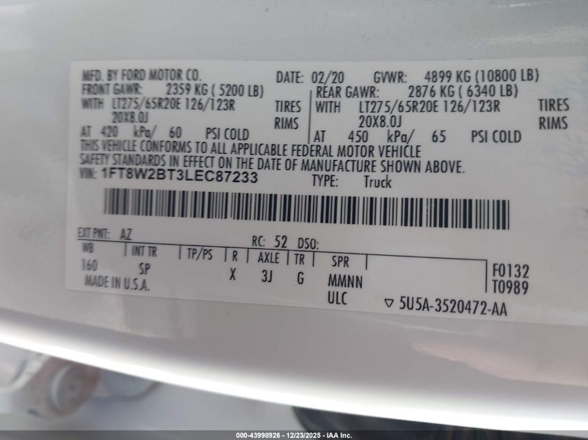 2020 Ford F-250 - 1FT8W2BT3LEC87233