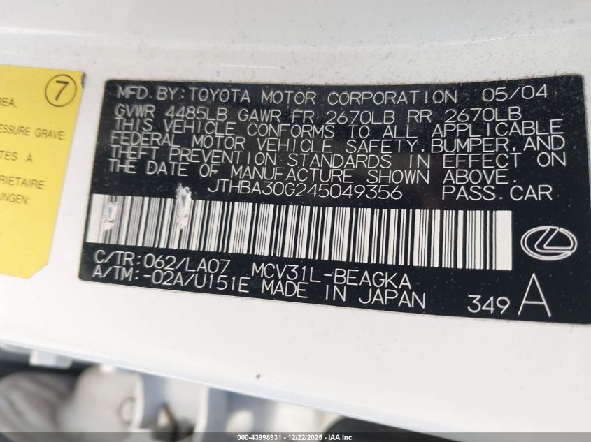 2004 Lexus Es 330 VIN: JTHBA30G245049356 Lot: 43998931