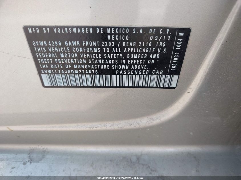 2013 Volkswagen Jetta 2.0L Tdi VIN: 3VWLL7AJ0DM224678 Lot: 43998933