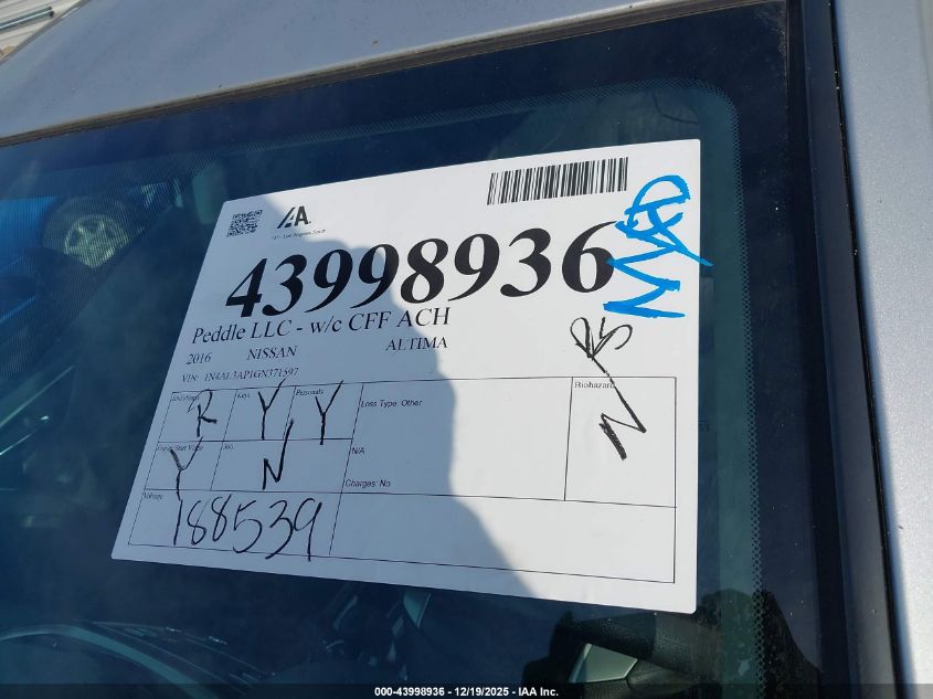 2016 Nissan Altima 2.5 S VIN: 1N4AL3AP1GN371597 Lot: 43998936