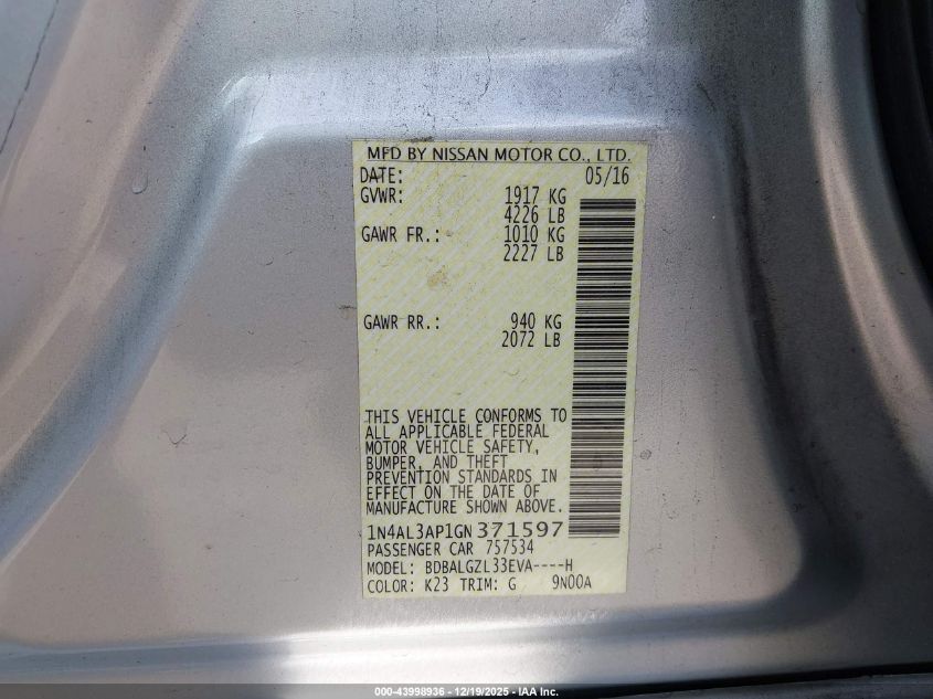 2016 Nissan Altima 2.5 S VIN: 1N4AL3AP1GN371597 Lot: 43998936