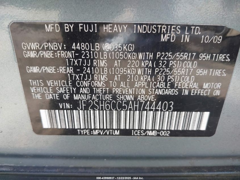 2010 Subaru Forester 2.5X Premium VIN: JF2SH6CC5AH744403 Lot: 43998937