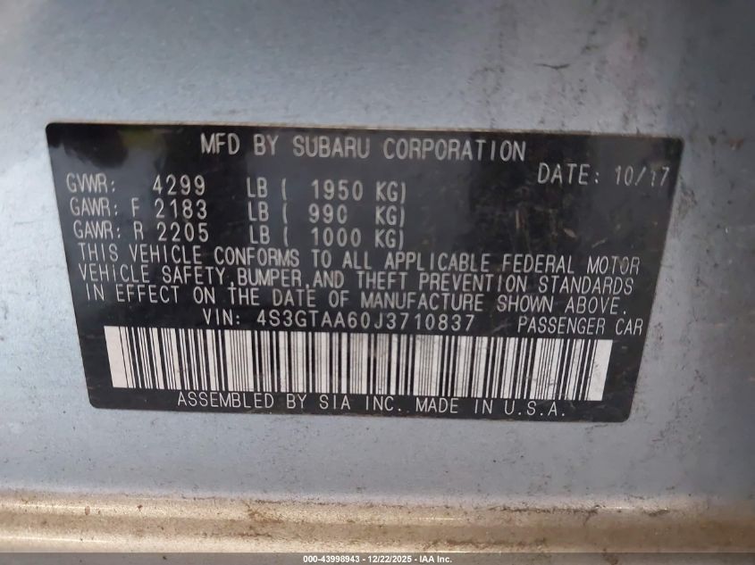 2018 Subaru Impreza 2.0I VIN: 4S3GTAA60J3710837 Lot: 43998943