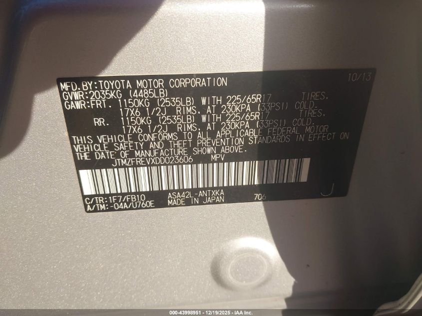 2013 Toyota Rav4 Le VIN: JTMZFREVXDD023606 Lot: 43998951