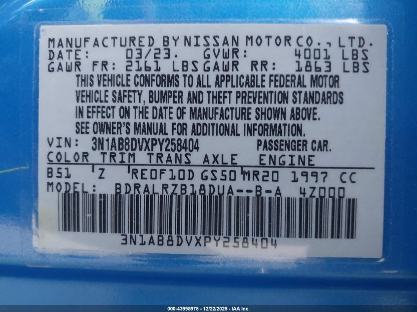 2023 Nissan Sentra Sr Xtronic Cvt VIN: 3N1AB8DVXPY258404 Lot: 43998978